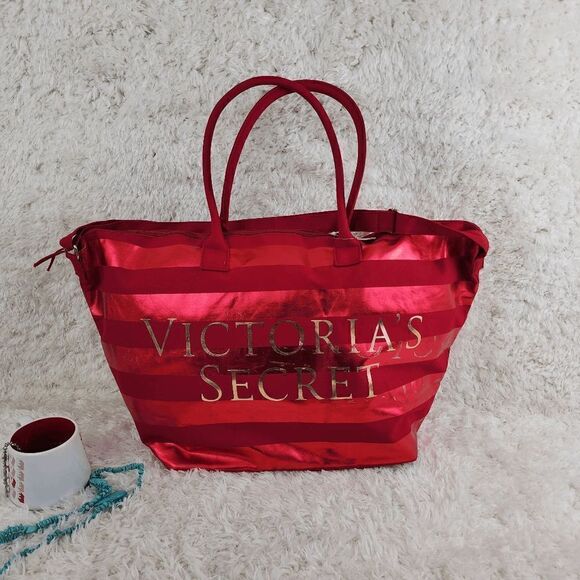 NWT Victoria's Secret Red Striped Signature Canvas Tote Bag Top 25" x 14" Bottom - Picture 6 of 6